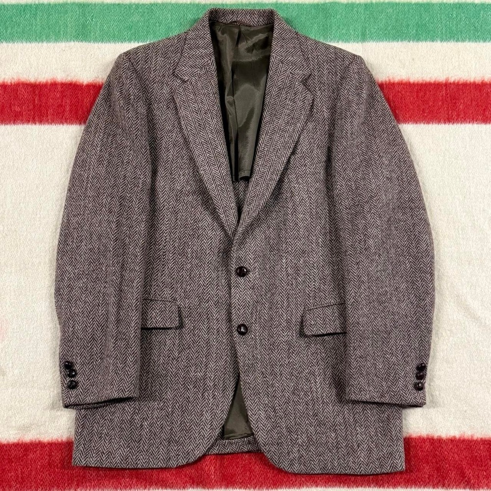 Vintage Harris Tweed Blazer Mens 42L Brown Herringbone Wool Sport Coat USA Made